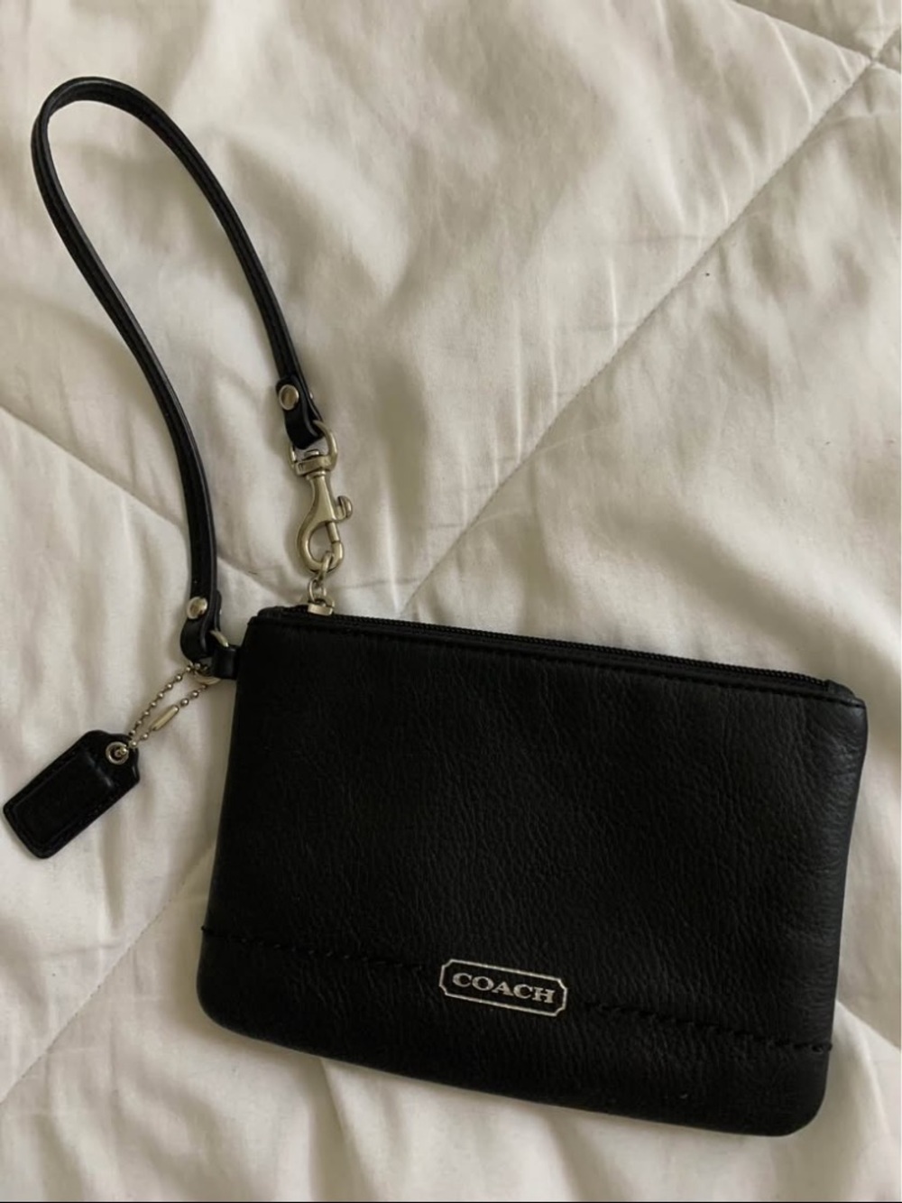 Coach Black Leather Wristlet Pouch with Silver Hardware